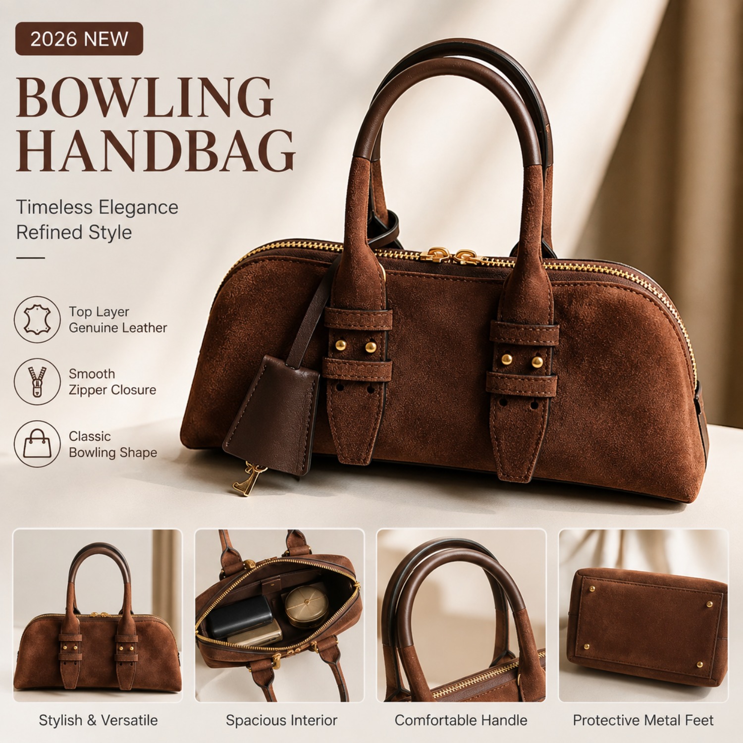 Structured Handbag Top Handle - Borsa da Bowling in Vera Pelle